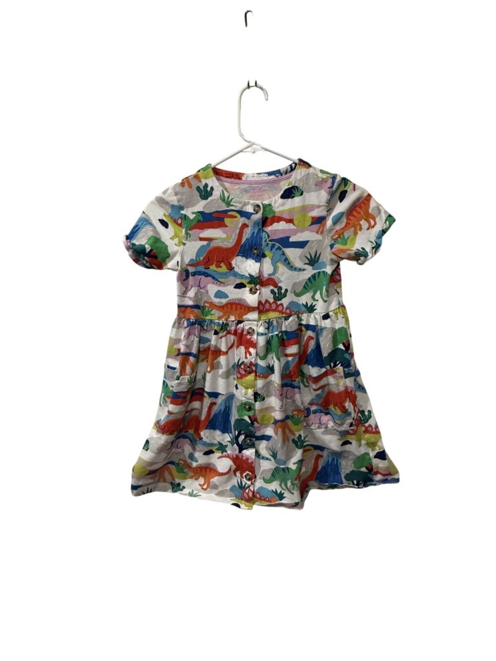 Mini Boden Girls Dinosaur Print Dress Short Sleeve Cotton Multicolor Size 8 Year